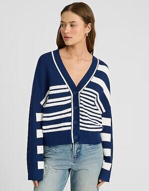 EXPRESS Relaxed Mismatch Striped Cardigan Chunky Knit Sweater Cozy Preppy Blue